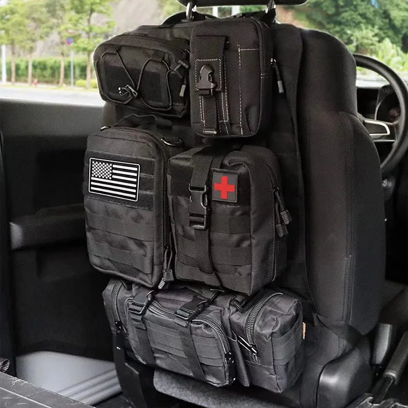 Tactical Seat Back Organizer – Universal Molle Panel with 5 Pouches for Vehicle Storage