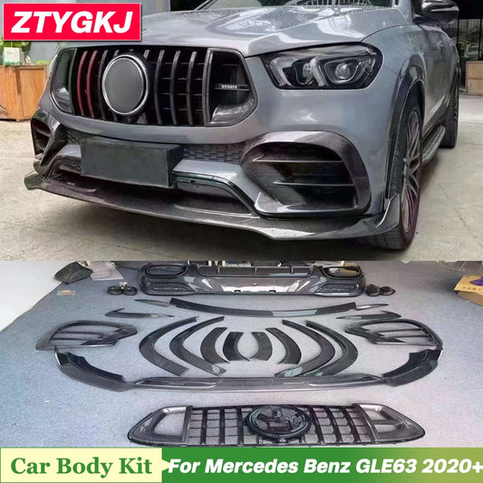 B Style Carbon Fiber Front Lip Rear Bumper Diffuser Spoiler With Trims For Mercedes Benz X167 GLE63 GLE450 Coupe 2020 Up